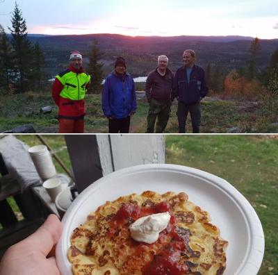 4 fra dugnadsgjengen foran solnedgangen bak Kobberhaugene. Lappene med jordbærsyltetøy og rømme smakte godt!!